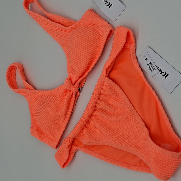 Hurley Ribbed Knot Bralette Top Marina Bottom 2pc Bikini Set Coral Orange - Picture 1 of 13